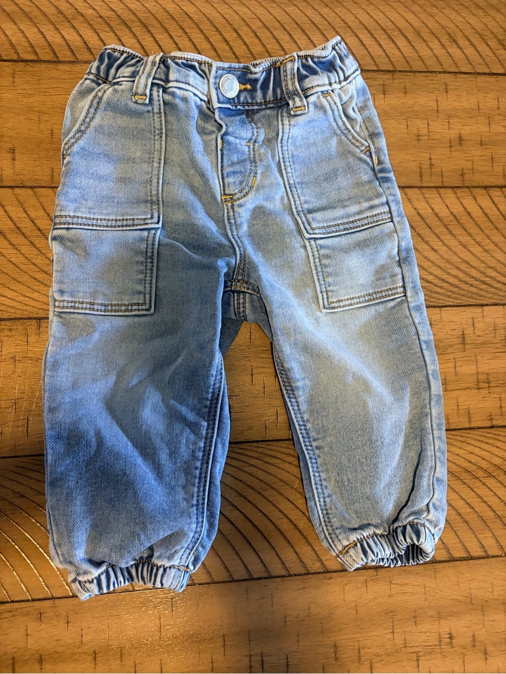 Kids Light Blue Elastic-Hem Patch Pocket Jeans